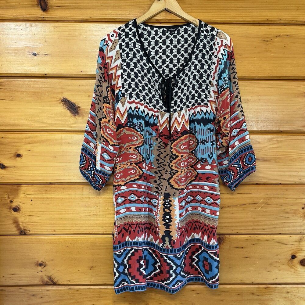 Tolani 100% Silk Shift Dress Size M Multicolor 3/4 Sleeve Tassel Peasant Boho